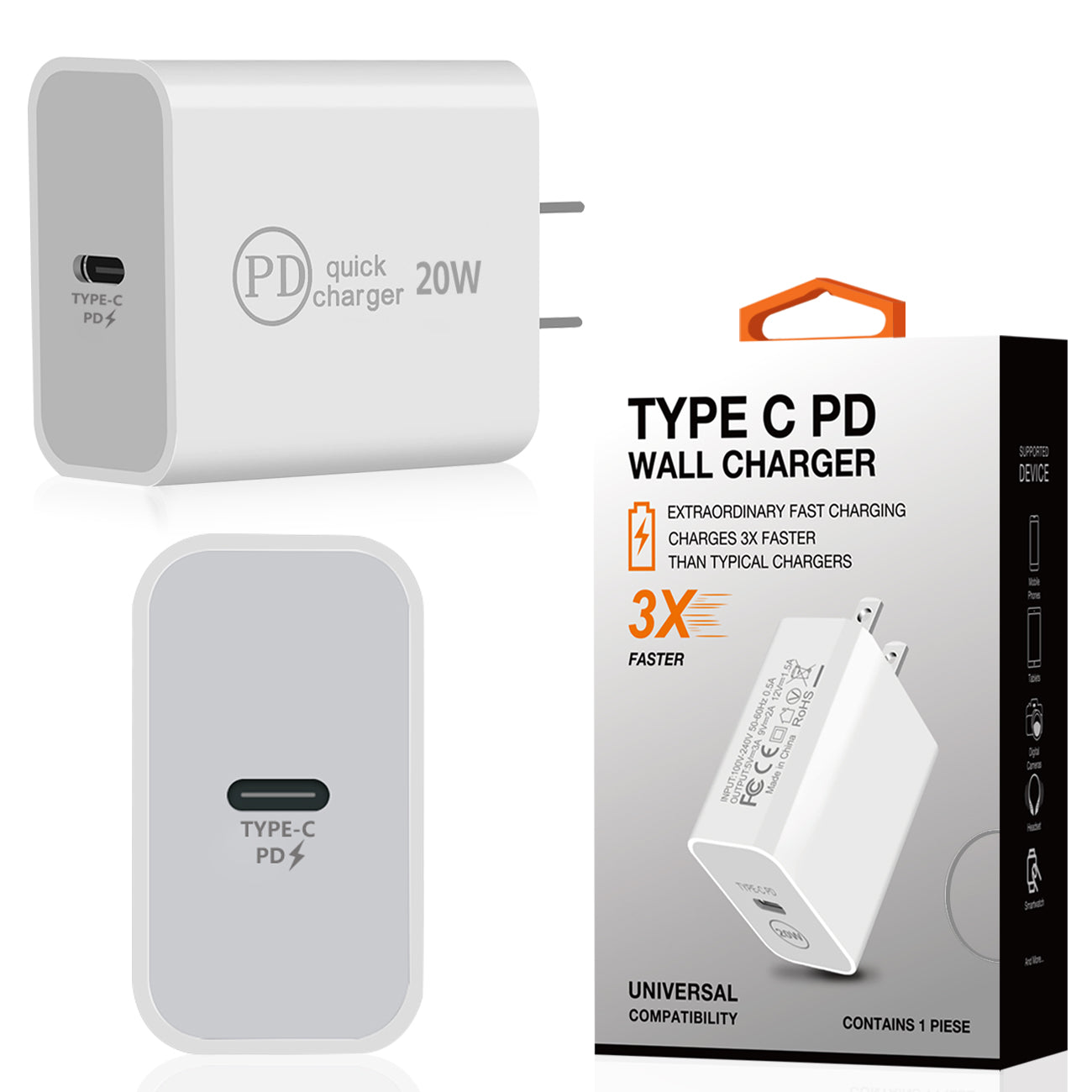 20W Power Delivery Travel Wall Charger Adapter with Type-C Port In White SKU:WC16-PD20WTYPECWH